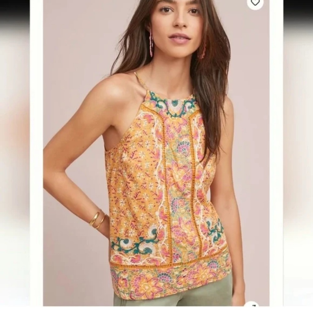 Anthropologie Yellow Floral Embroidered Tank Top
